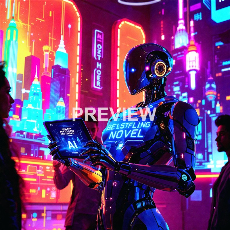 A futuristic robot with glowing text on its chest holding a tablet in a vibrant, neon-lit cityscape with tall buildings and holographic signs.